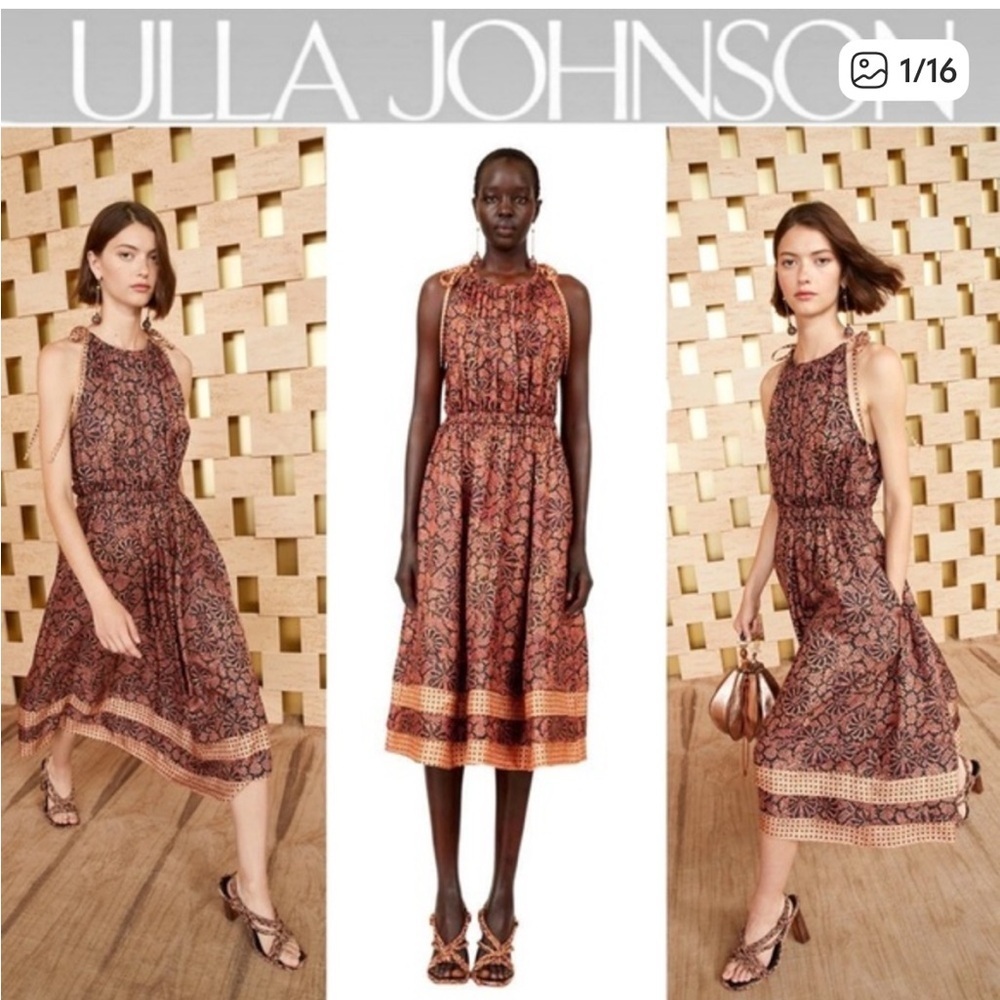 ULLA JOHNSON Mika Print Halter Neck Silk Midi Dress Size 8 $730 Tie Shoulders